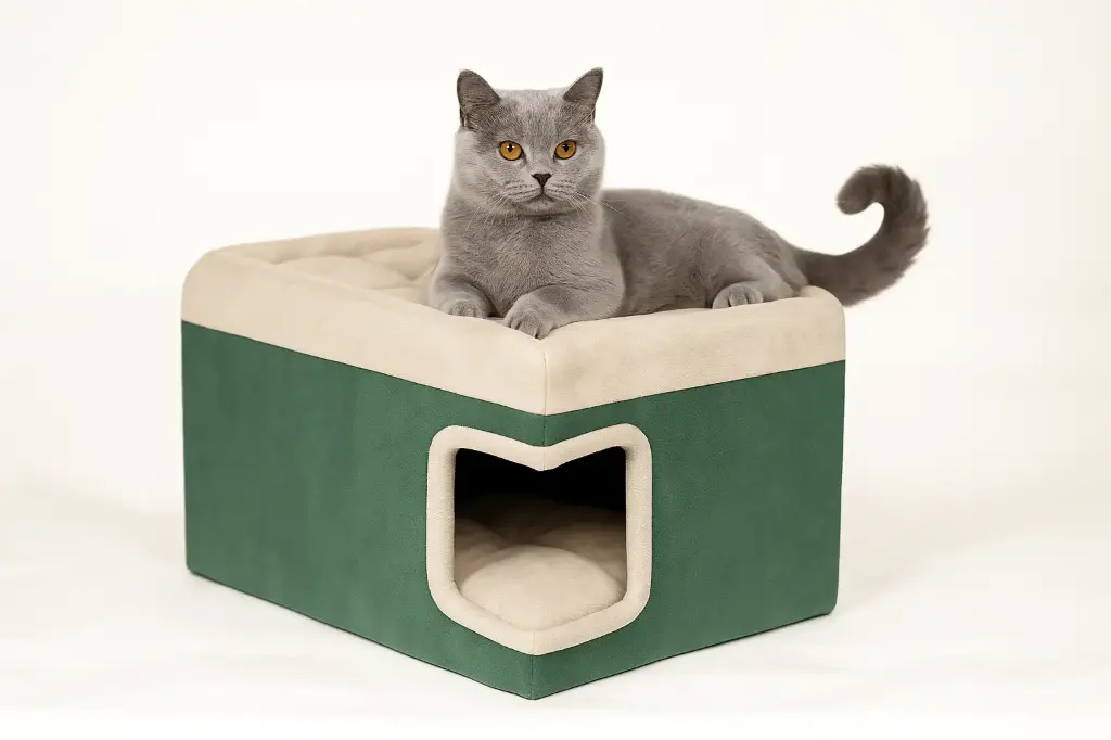 Kedi Köpek Evi Yataklı Mdf Tek Parça – Montajsız ve Pati Dostu Kumaş – 55X37X34 cm