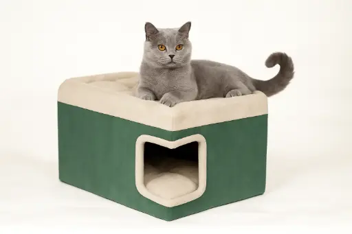 Kedi Köpek Evi Yataklı Mdf Tek Parça – Montajsız ve Pati Dostu Kumaş – 55X37X34 cm